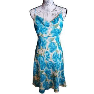Ann Taylor Vintage Y2K Sz 4 Blue Green Floral Silk Slip Dress Watercolor Floral